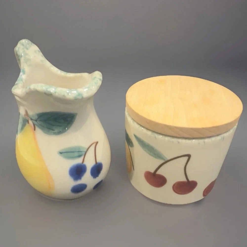 2pc Hartstone Pottery Fruit Salad Creamer and Sugar Jar Hand Painted Set of 2 - Picture 2 of 5